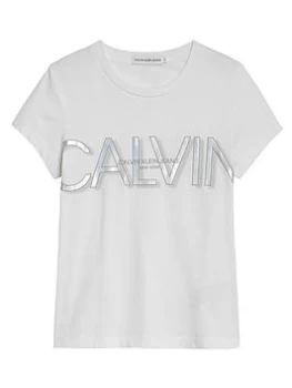 Calvin Klein Jeans Girls Calvin Logo Cropped T-Shirt - Bright White, Bright White, Size Age: 16 Years, Women