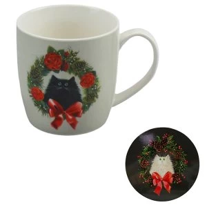 Kim Haskins Christmas Wreath Cat Porcelain Mug & Coaster Set