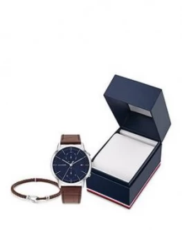 Tommy Hilfiger Blue Multi Dial Brown Leather Strap Watch & Bracelet Gift Set