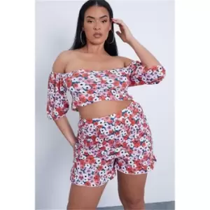 I Saw It First Red Plus Size Floral Ruched Front Milk Maid Crop Top - Red