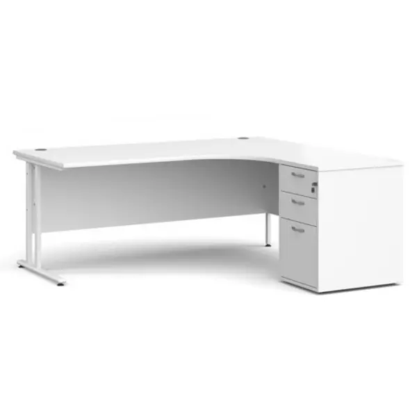 Office Desk Right Hand Corner Desk 1800mm With Pedestal White Top With White Frame Maestro 25