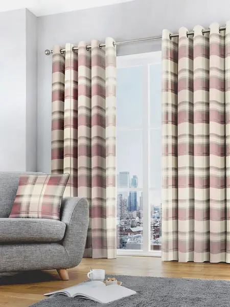 Fusion 'Balmoral Check' Country Checked Pattern Pair of Eyelet Curtains Rose