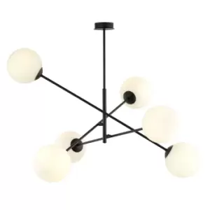 Linear Black Multi Arm Pendant Ceiling Light with White Glass Shades, 6x E14