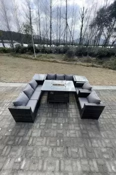 Fimous 8 Seater Outdoor Dark Grey Rattan Garden Furniture with Gas Fire Pit Dining Table, Gas Heater, and Side Tables