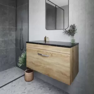 Nuie - Athena Wall Hung 1-Drawer Vanity Unit with Sparkling Black Worktop 800mm Wide - Natural Oak