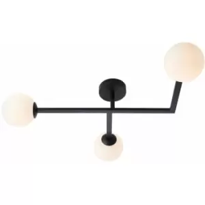 Matt Black Semi Fush Bathroom Ceiling Light & Opal Glass Shade - 3 Bulb Fitting