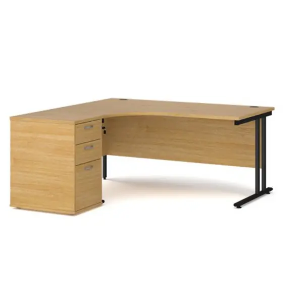 Office Desk Left Hand Corner Desk 1600mm With Pedestal Oak Top With Black Frame Maestro 25