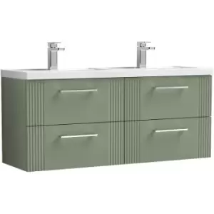 Nuie Deco Satin Green 1200mm Wall Hung 4 Drawer Vanity Unit with Double Basin - DPF893C - Satin Reed Green