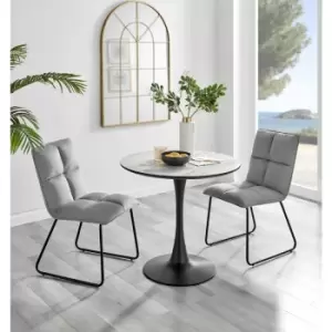 Furniturebox Elina White Marble Effect Modern 80cm Round Dining Table & 2 Light Grey Menen Velvet Chairs