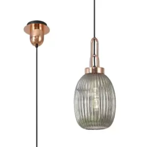 Yorktown Ceiling Pendant E27 With 20cm Almond Ribbed Glass, Smoked Copper, Matt Black