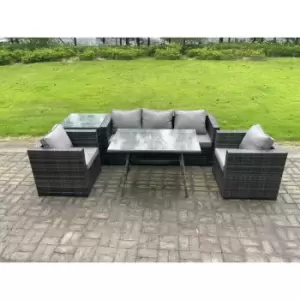 Fimous 5 Seater Outdoor Dark Grey Rattan Lounge Complete Sofa Set with Oblong Dining Table and Side Table