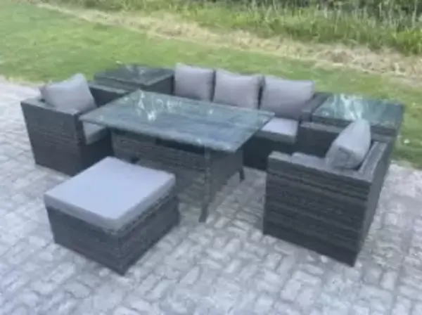 Fimous 5 Seater Outdoor Dark Grey Rattan Lounge Complete Sofa Set with 2 Side Table and Big Footstool