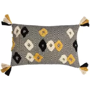 Furn Benji Tufted Diamonds 100% Cotton Tasselled Cushion Cover, Black/Ochre, 30 x 50 Cm