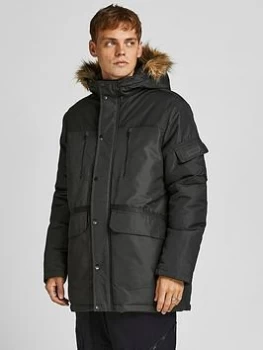 Jack & Jones Globe Faux Fur Hooded Parka, Black, Size S, Men