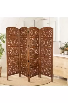 4 Panel Carved Wooden Room Divider Screen Flower Design 183 x 202cm