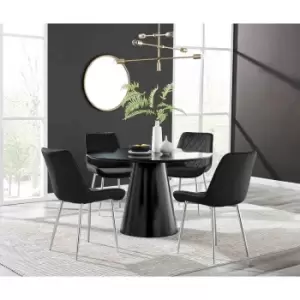 Furniture Box Palma Black Semi Gloss Round Dining Table and 4 Black Pesaro Silver Leg Chairs