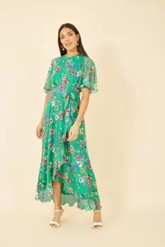 Green Floral And Bird Print Frill Dress