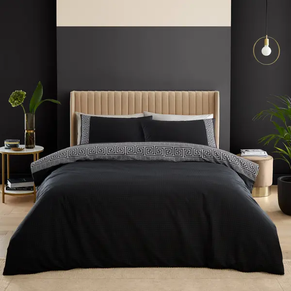 Catherine Lansfield Artemis Greek Key Black Duvet Cover and Pillowcase Set Black