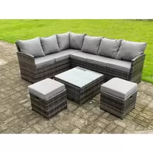 Fimous 6 Seater Outdoor Dark Grey Mixed Rattan High Back Corner Sofa Set with Square Coffee Table and 2 Stools