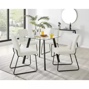 Furniturebox Seattle Glass and Black Metal Leg Square Dining Modern Industrial Dining Table & 4 Cream Halle Fabric Chairs