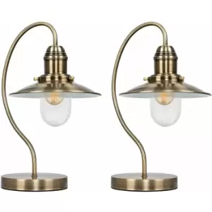 Minisun - 2 x Metal & Glass Lantern Wall Lights - Antique Brass - No Bulb