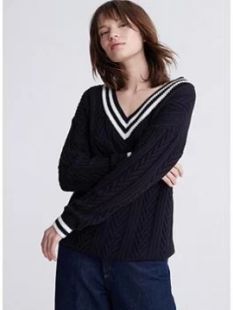 Superdry Edit V-Neck Preppy Knit Jumper - Black, Size 14, Women