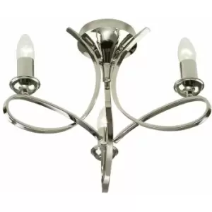 Loops - Eaves Semi Flush Ceiling Chandelier 3 Lamp Bright Nickel Curved Multi Arm Light