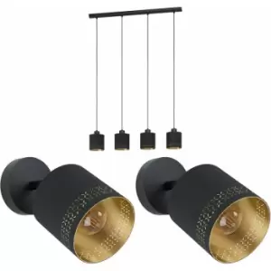 Quad Ceiling Light & 2x Matching Wall Lights Black & Gold Round Fabric Shade