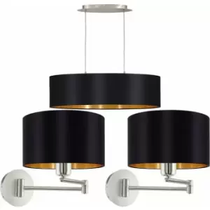 Ceiling Pendant Light & 2x Matching Wall Lights Black & Gold Large Linear Shade