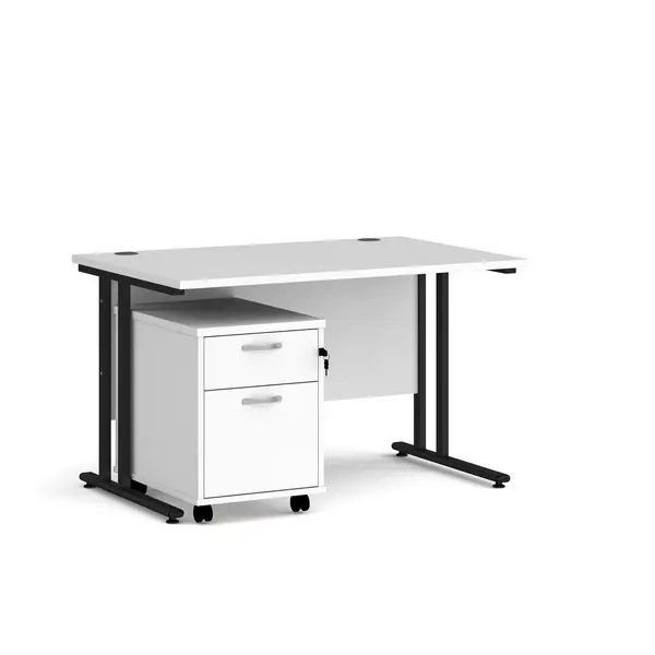 Maestro 25 Straight Desk with Black Cantilever Frame and 2 Drawer Pedestal - White - 1200mm x 800mm