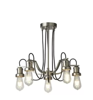 Olivia 5 Light Ceiling, Black Braided Fabric Cable, Satin Silver