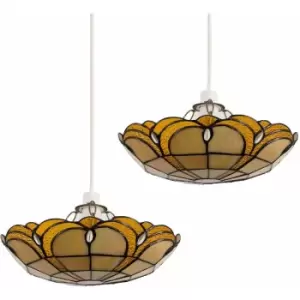 Minisun - 2 x Tiffany Amber Jewelled Glass Uplighter Ceiling Pendant Light Shades