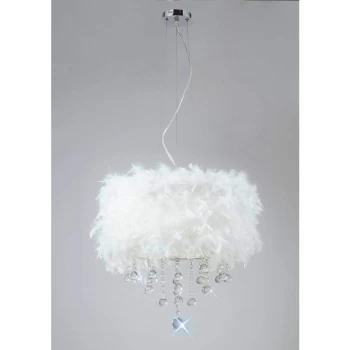 Ibis pendant light with white feather shade 3 polished chrome / crystal bulbs