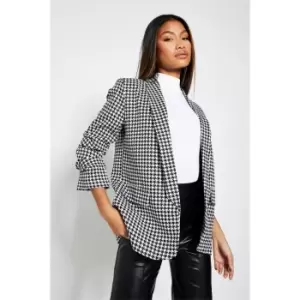 I Saw It First Dogtooth Ruched Sleeve Blazer - Black