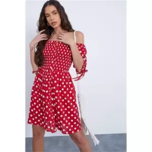 I Saw It First Red Woven Polka Dot Shirred Square Neck Puff Sleeve Smock Dress - Red