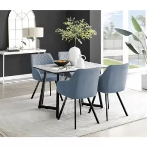 Furniturebox Carson White Marble Effect Recatngular 120cm Dining Table & 4 Blue Falun Black Leg Fabric Chairs