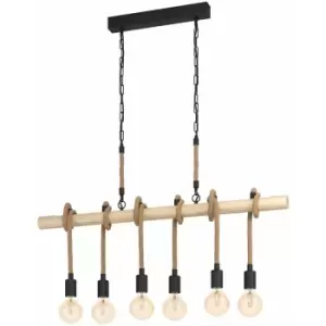 Hanging Ceiling Pendant Light Black & Wood / Rope 6x E27 Kitchen Island Lamp