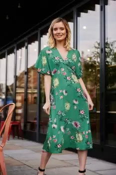 Green Floral Blossom Print Kimono Dress