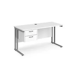 Rectangular Straight Desk White Wood Cantilever Legs Silver Maestro 25 1400 x 600 x 725mm 2 Drawer Pedestal