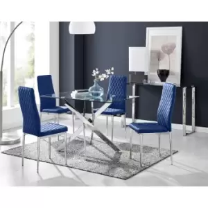 Furniturebox UK - Furniturebox Leonardo 4 Chrome Leg Glass Dining Table and 4 Navy Milan Velvet Dining Chairs Diamond Stitch Modern Contemporary