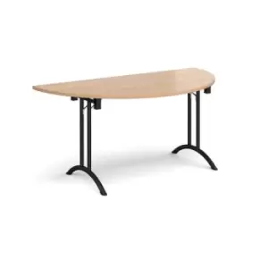 Semi circular folding leg table with Black legs and curved foot rails 1600mm x 800mm - beech