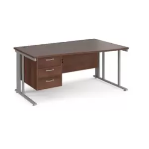 Office Desk Right Hand Wave Desk 1600mm With Pedestal Walnut Top With Silver Frame Maestro 25 MCM16WRP3SW