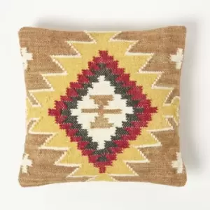 HOMESCAPES Jaipur Handwoven Brown and Orange Kilim Cushion with Feather Filling - Multi Colour