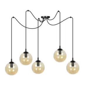 Gigi Black Glass Globe Cluster Pendant Ceiling Light with Amber Glass Shades, 5x E14