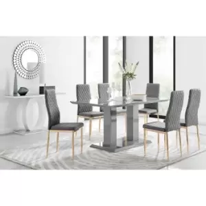 Furniture Box Imperia 6 Grey Dining Table and 6 Grey Velvet Milan Gold Leg Chairs