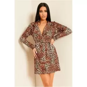 I Saw It First Brown Leopard Print Blazer Dress With Self Covered Belt - Brown