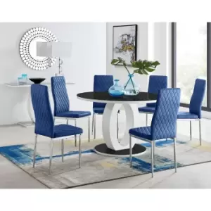 Furniturebox UK - Furniturebox Giovani Black 120cm Round Dining Table and 6 Navy Velvet Milan Dining Chairs With Silver Legs