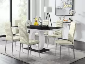 Giovani Rectangular 6 Seat White High Gloss Unique Halo Dining Table Black Glass Top 6 Soft Velvet Silver Leg Milan Chairs