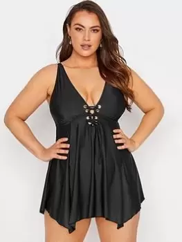 Yours Eyelet Lace Up Swim Dress - Black, Size 16, Women