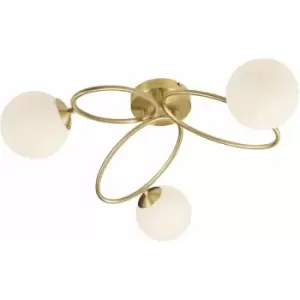 Loops - Semi Flush Multi Arm Ceiling 5 Light Fitting - Satin Brass & Opal Glass Shades